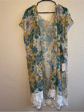 Floral Sheer Kimono with Lace Trim - Teal & Mustard